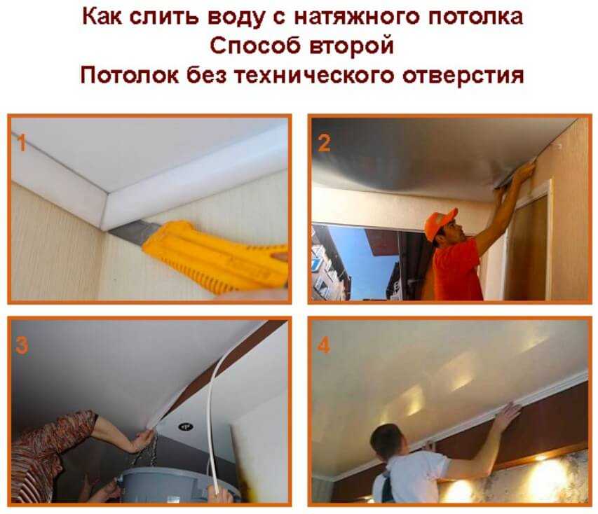 Как слить воду с натяжного потолка самостоятельно: порядок выполнения процедуры Самые эффективные способы удаления жидкости и типичные ошибки